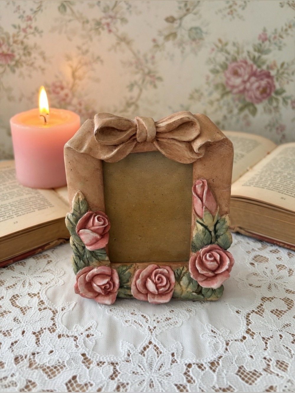 Vtg 90s RUSS BERRIE 3D Resin Rose Frame Coquette Victorian Bow Floral 3 x 2.25"